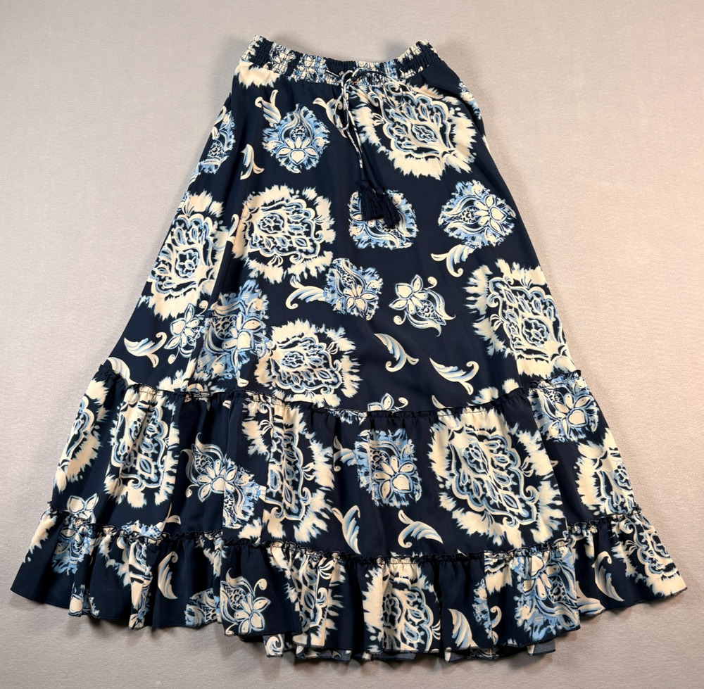 Tahari Navy Medallion Print Tiered Maxi Skirt Tassel Drawstring Size S/P